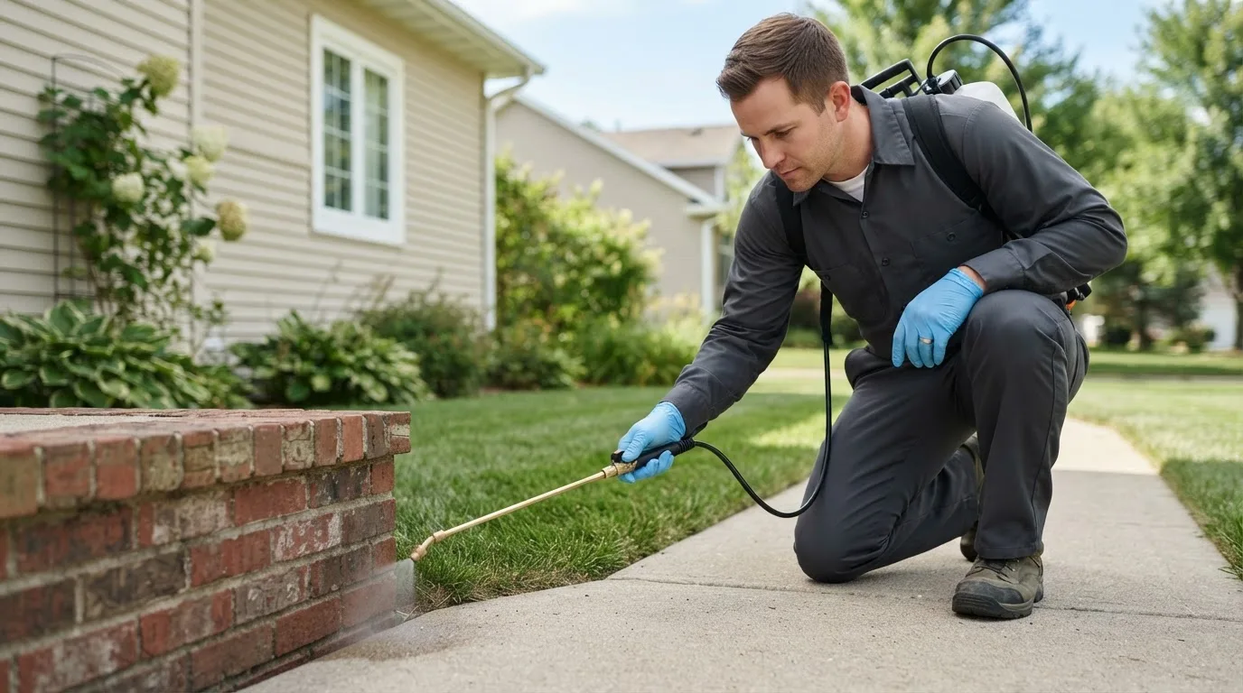 Pest control technician treating a home near Sumner, ME